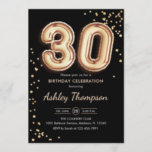 30th Birthday - Gold Balloons Black Invitation