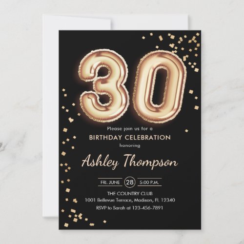 30th Birthday _ Gold Balloons Black Invitation