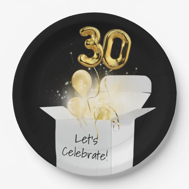 30th Birthday Gold Balloons In White Box     Paper Plates (Front)