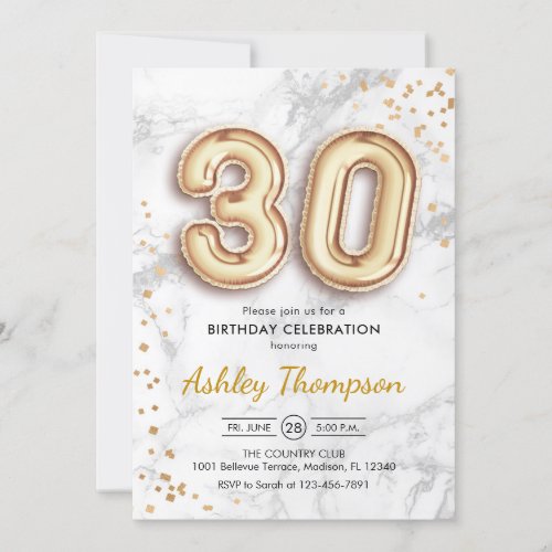 30th Birthday _ Gold Balloons Marble Invitation
