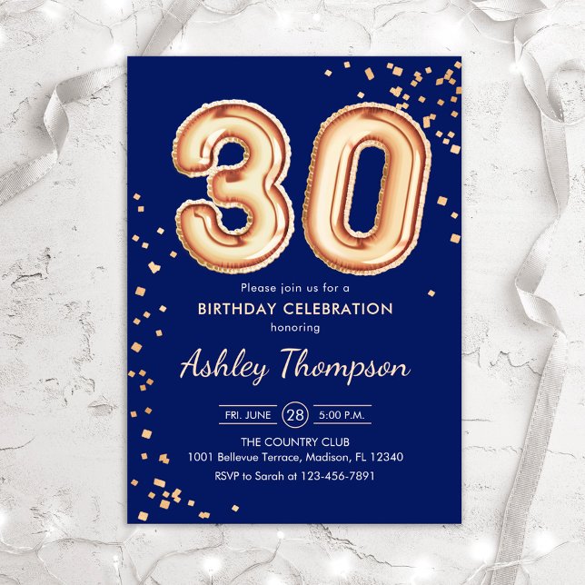 30th Birthday - Gold Balloons Navy Invitation (Creator Uploaded)