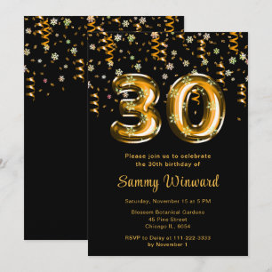 30th Birthday Gold Balloons Snowflake Confetti Invitation