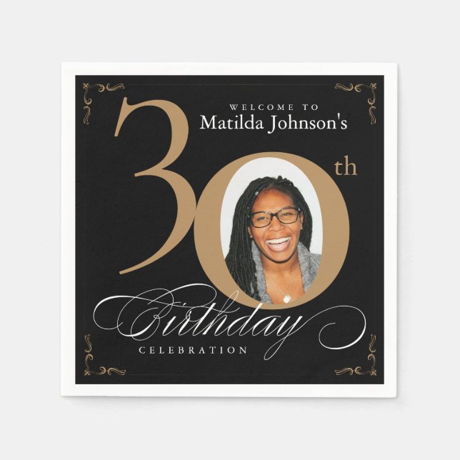 30th Birthday Gold Black Calligraphy Custom Photo Napkins (Front)