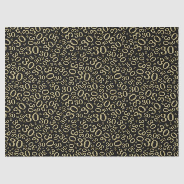 30th Birthday Gold/Black Collage Number Pattern Tissue Paper (Front)