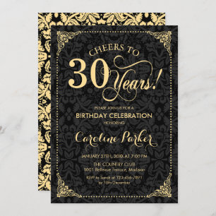 30th Birthday - Gold Black Damask Invitation