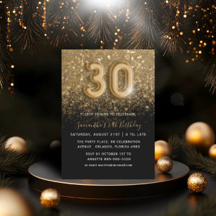 30th Birthday Gold & Black Glitter Party Invitation