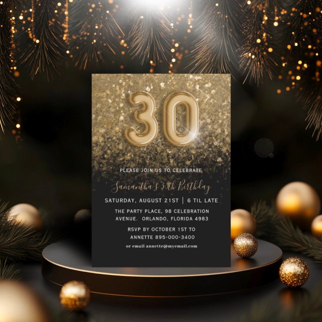 30th Birthday Gold & Black Glitter Party Invitation (Creator Uploaded)