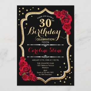 30th Birthday - Gold Black Red Roses Invitation