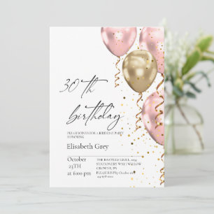 30th Birthday Gold Blush Pink Balloons Modern  Invitation
