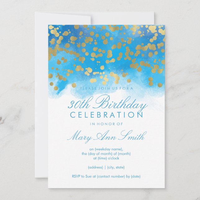 30th Birthday Gold Confetti Blue Watercolor Invitation (Front)