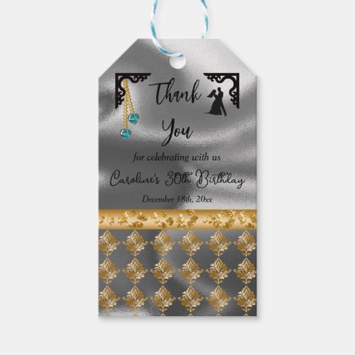 30th Birthday Gold Damask Teal Hearts Silver Foil Gift Tags