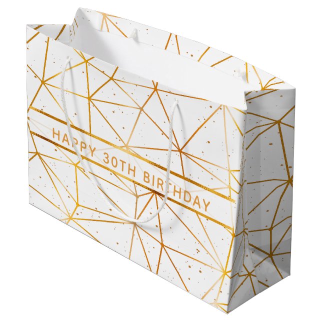 30th birthday gold geometrical pattern white large gift bag (Back Angled)