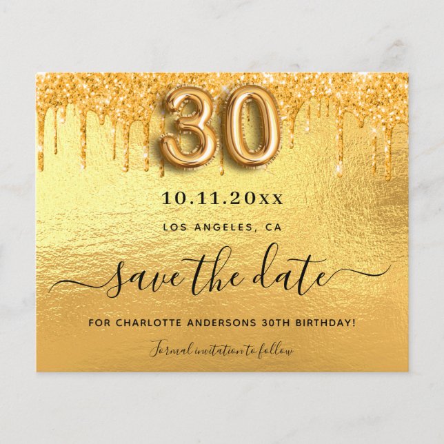 30th birthday gold glitter budget save the date flyer (Front)