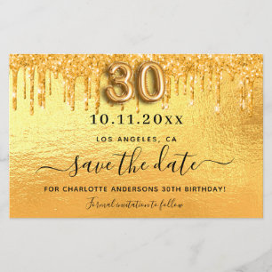 30th birthday gold glitter save the date card