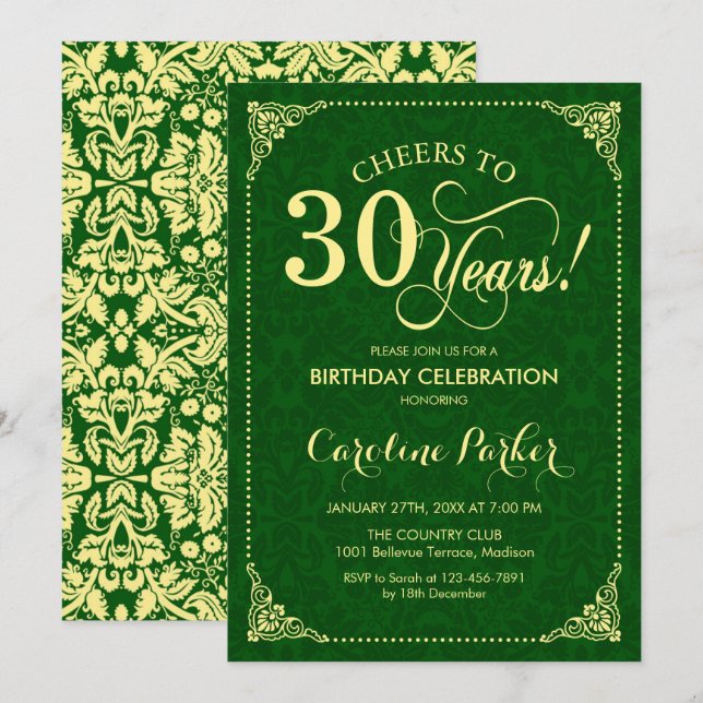 30th Birthday - Gold Green Damask Invitation (Front/Back)