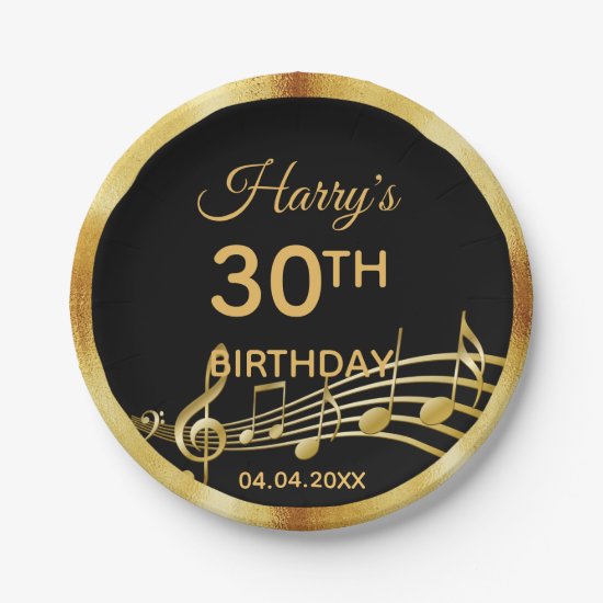 30th birthday gold music notes on chic black paper plate