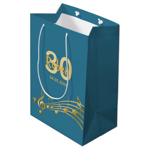 30th Birthday gold music notes teal blue green Medium Gift Bag