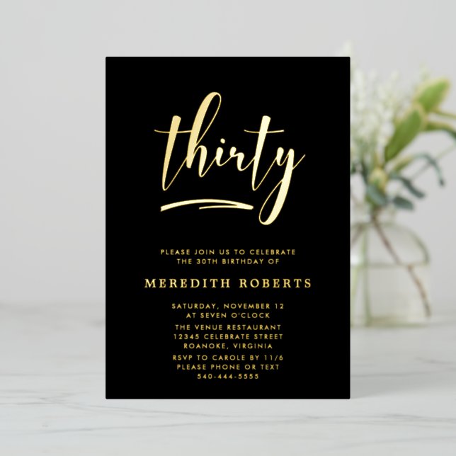 30th Birthday Gold on Black Luxe Elegant Party Foil Invitation (Standing Front)