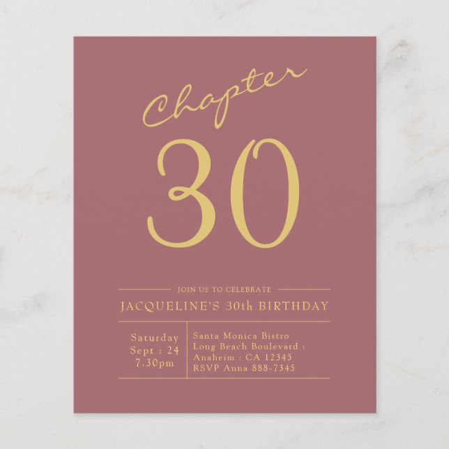 30th Birthday Gold Pink budget Invitation Flyer (Front)