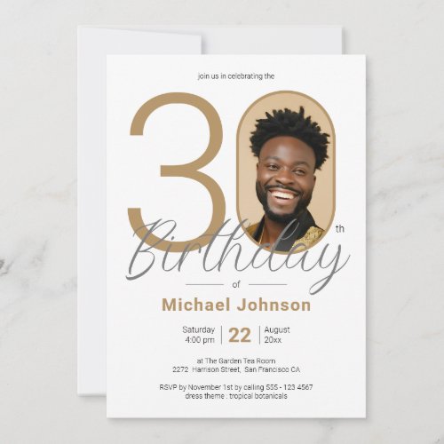 30th Birthday Gold Simple Elegant Custom Photo Invitation