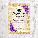30th Birthday - Gold Stripes Purple Roses Invitation<br><div class="desc">30th Birthday Invitation. Elegant design in gold and purple. Features faux glitter gold stripes,  purple roses stylish script font and confetti. Perfect for a glam birthday party.</div>