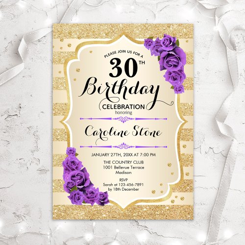 30th Birthday _ Gold Stripes Purple Roses Invitation