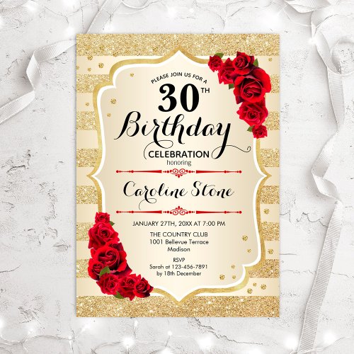 30th Birthday _ Gold Stripes Roses Invitation
