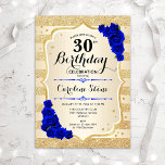 30th Birthday - Gold Stripes Royal Blue Roses Invitation<br><div class="desc">30th Birthday Invitation. Elegant design in gold and royal blue. Features faux glitter gold stripes,  sapphire roses stylish script font and confetti. Perfect for a glam birthday party.</div>