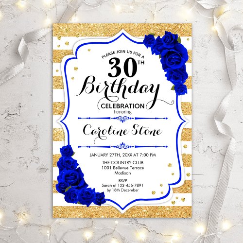 30th Birthday _ Gold Stripes Royal Blue Roses Invitation