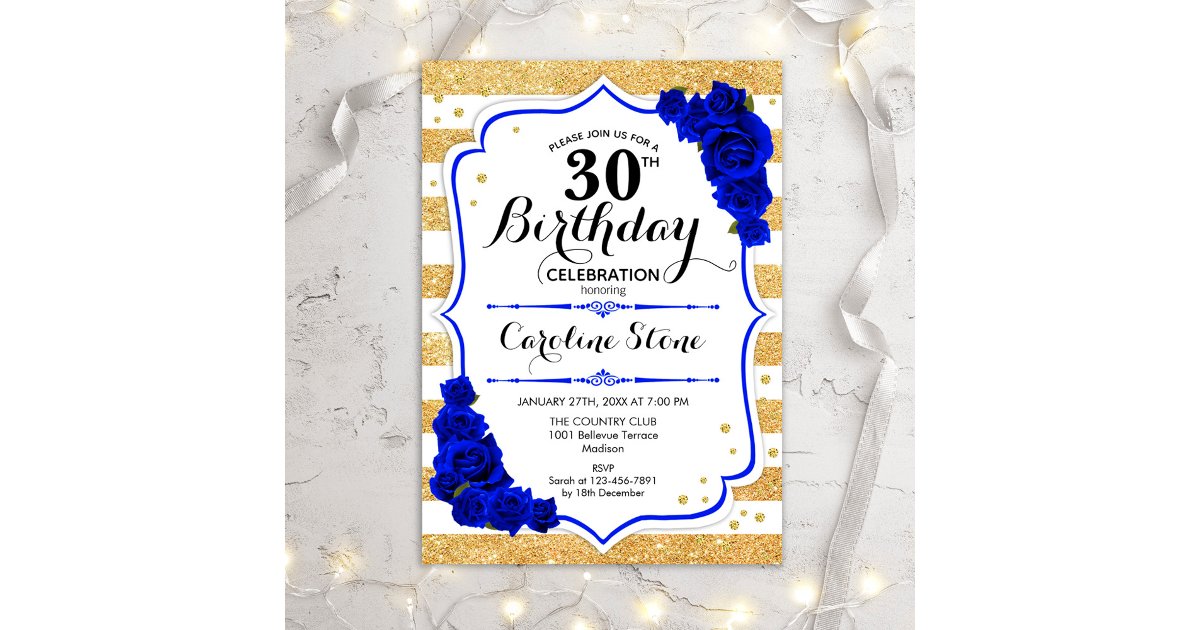 30th Birthday - Gold Stripes Royal Blue Roses Invitation | Zazzle