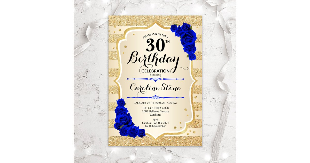 30th Birthday - Gold Stripes Royal Blue Roses Invitation | Zazzle