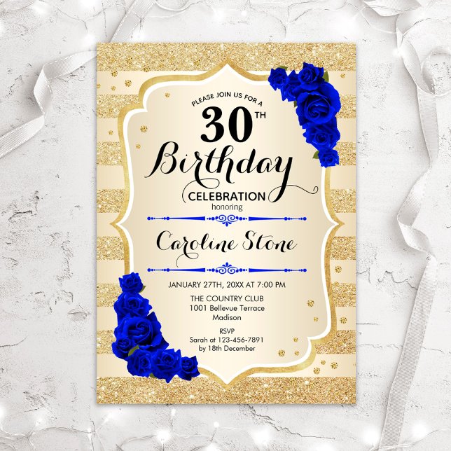 30th Birthday - Gold Stripes Royal Blue Roses Invitation (Creator Uploaded)