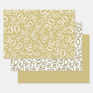 30th Birthday Gold & White Number Pattern 30 Wrapping Paper Sheets