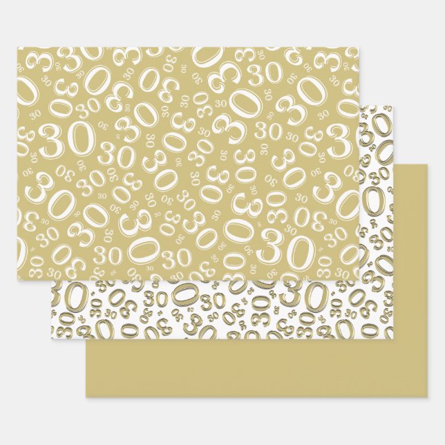 30th Birthday Gold & White Number Pattern 30 Wrapping Paper Sheets (Set)