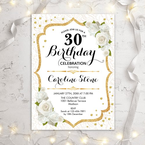 30th Birthday _ Gold White Roses Invitation