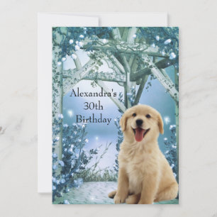 30th Birthday Golden Retriever Winter Blue Invitation