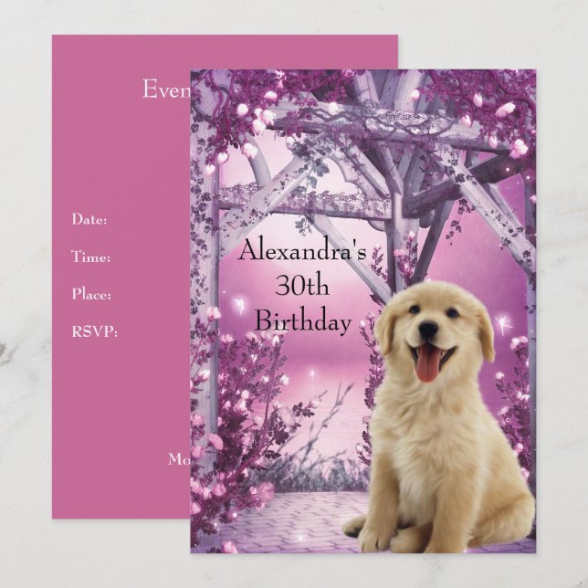 30th Birthday Golden Retriever Winter Pink Invitation (Front/Back)