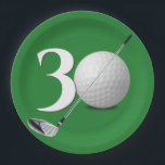 30th Birthday Golf Ball and Club On Green Paper Plates<br><div class="desc">A white golf ball and golf club on green for 30th birthday.
Background color can be changed.</div>