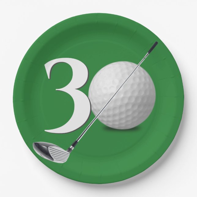 30th Birthday Golf Ball and Club On Green Paper Plates (Front)