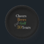 30th Birthday Golf Cheers Beers Black Gold Party Paper Plates<br><div class="desc">This is a cool and modern, 30th birthday, golf party design. It is a simple, minimal design, in classic black and gold typography with pops of orange and green. Perfect for a cool and fun, golf and beer themed, 30th birthday party. This design is fully customizable, simply use the personalize...</div>