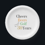 30th Birthday Golf Cheers Beers Minimal Party Paper Plates<br><div class="desc">This is a cool and modern, 30th birthday, golf party design. It is a simple, minimal design, in classic black and white, with pops of gold, orange and green colored typography. Perfect for a cool and fun, golf and beer themed, 30th birthday party. This design is fully customizable, simply use...</div>