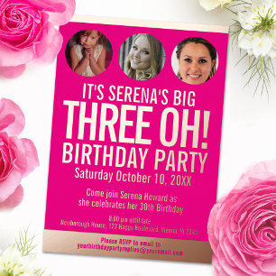 30th Birthday graphic pink gold foil photo circles Invitation