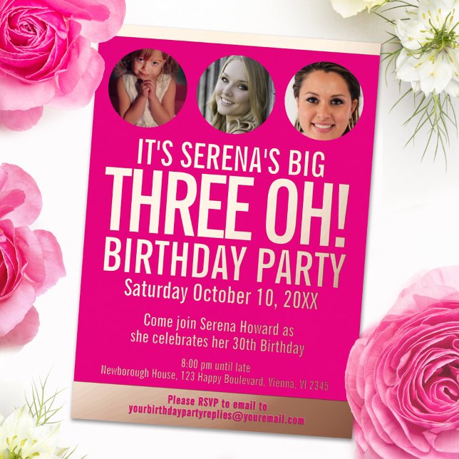 30th Birthday graphic pink gold foil photo circles Invitation (Creator Uploaded)