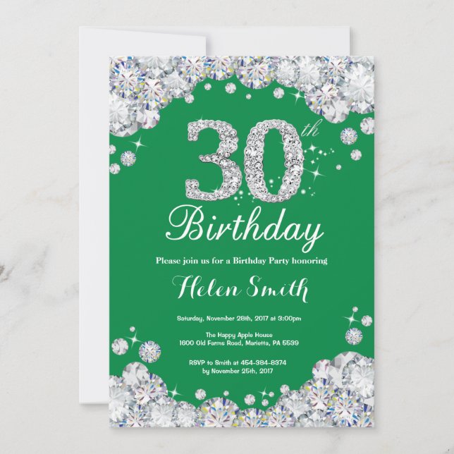 30th Birthday Green and Silver Diamond Invitation (Front)