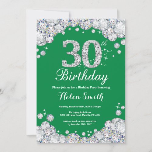 30th Birthday Green and Silver Diamond Invitation