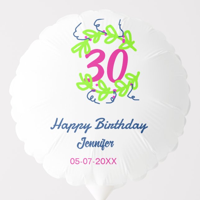 30th birthday green blue wreath name date rustic b balloon (Front)
