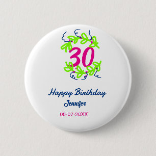 30th birthday green blue wreath name date rustic b button
