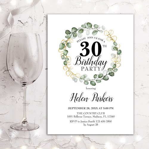 30th Birthday _ Green Eucalyptus Foliage Wreath Invitation