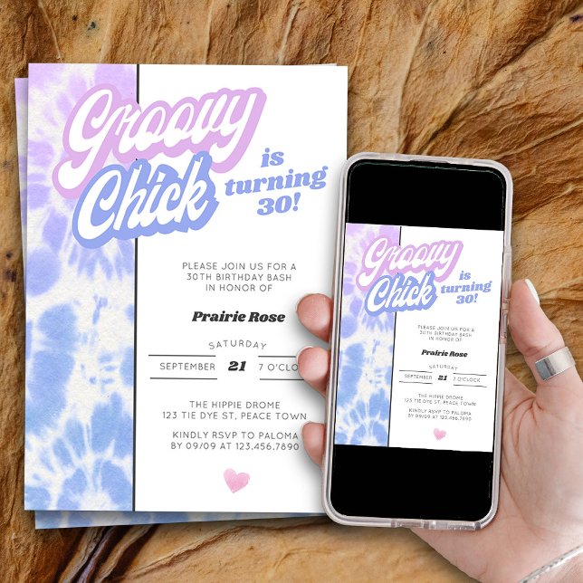 30th Birthday Groovy Chick Pastel Tie Dye Party Invitation (Groovy Chick 30th Birthday Invitation in retro vintage tie dye style)