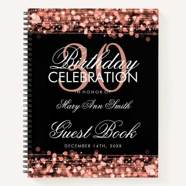 30th Birthday Guestbook Party Sparkles Rose Gold Notebook (Front)